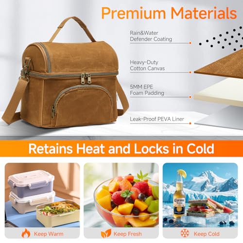 Waxed Canvas Lunch Bag with 2 XL Ice Packs, Canvas Lunch Box, Lunch Cooler for Men Work, 10.5L 2 Compartments Insulated Leakproof Cooler Bags for Camping, Beach and Road Trips - color: Biscuit Yellow