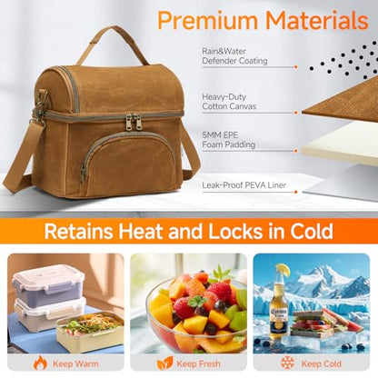 Waxed Canvas Lunch Bag with 2 XL Ice Packs, Canvas Lunch Box, Lunch Cooler for Men Work, 10.5L 2 Compartments Insulated Leakproof Cooler Bags for Camping, Beach and Road Trips - color: Biscuit Yellow