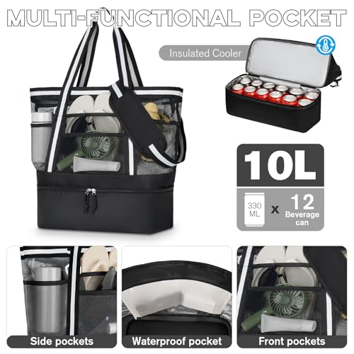 WOOMADA Beach Tote Bag With Cooler, Large Mesh Beach Bags for Women with Wet Pocket, Pool, Swim, Travel Essentials - color: Black White