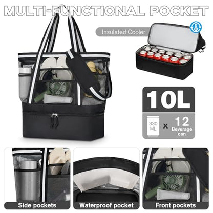 WOOMADA Beach Tote Bag With Cooler, Large Mesh Beach Bags for Women with Wet Pocket, Pool, Swim, Travel Essentials - color: Black White