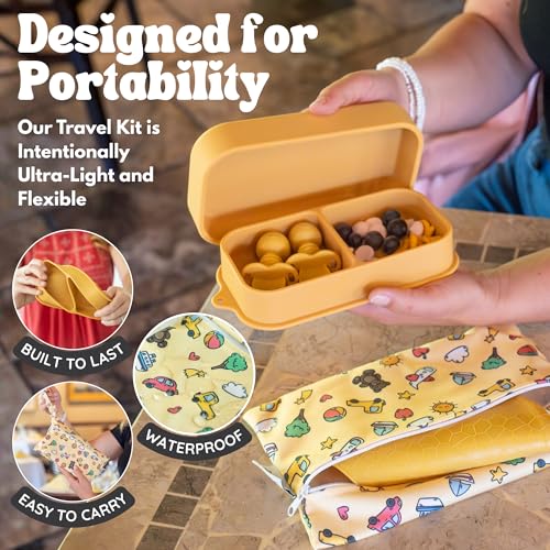 Baby Travel Essentials 6 Pc Silicone Feeding Set - Portable Toddler Plates with Suction, Baby Spoons & Foldable Bib in Carrying Case - BPA-Free Infant & Toddler Utensils for Airplanes & Eating Out - color: Yellow