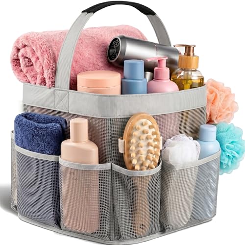 Masirs Mesh Shower Caddy – 9 Pocket Portable Shower Caddy Organizer for College Dorm, Travel, Gym, Bathroom – Quick Dry, Lightweight Tote Bag for Toiletries & Essentials, Gray - color: Gray