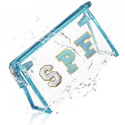 COSHAYSOO Sunscreen Bag Clear Makeup Toiletry Pouch Beach Vacation Essentials for Women Teen Girls Trip Gifts Summer Pool Travel Must Have Accessories Waterproof Stuff - color: Blue-SPF