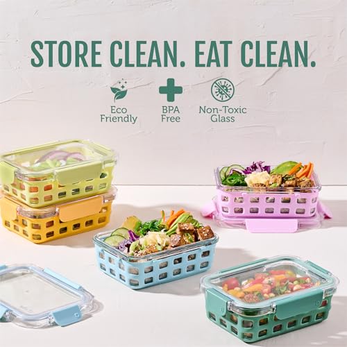 Ello Duraglass 3.4 Cup Meal Prep Sets 10Pc, 5 Pack Set- Glass Food Storage Container with Silicone Sleeve and Airtight BPA-Free Plastic Lids, Dishwasher, Microwave, and Freezer Safe, Meadow - color: Meadow