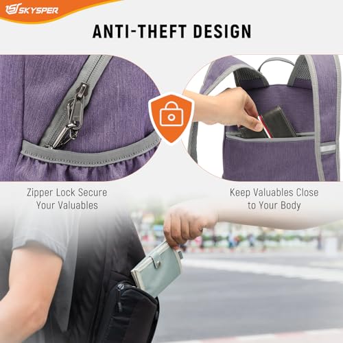 SKYSPER Anti Theft Hiking Backpack, 18L RFID Packable Travel Daypack, Lightweight Foldable Back Pack for Walking Daytrip - color: Purple