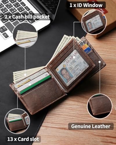 Artpaxy Mens Wallet Genuine Leather Bifold RFID Blocking Wallet for Men with 1 ID Window 13 Card Holders 2 cash pockets 1 Gift Box - color: Dark Brown