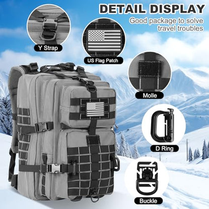 Hannibal Tactical MOLLE Assault Backpack, Tactical Backpack Military Army Camping Rucksack, 3-Day Pack Trip w/USA Flag Patch, D-Rings Grey and Black - color: Grey and Black