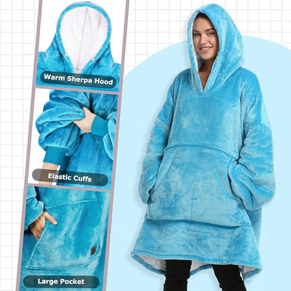 Catalonia Oversized Blanket Hoodie Sweatshirt, Wearable Sherpa Blanket Pullover, Gift for Her - color: Blue