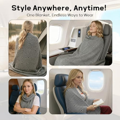 Travel Blanket Airplane - Ultra Soft & Lightweight Knit Design Compact Airplane Blanket,53x72 Inch,Stylish Travel Shawl Wraps for Flights,Office,Home Use,Travel Essentials & Gifts - color: Black Grey