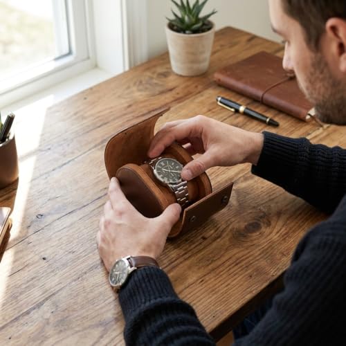 Watch Roll Travel Case for Men & Women – Portable Watch Storage Organizer with Removable Pillows & Solid Dividers, Secure Watch Holder for Home & Travel, Includes Watch Pouch & Cleaning Cloth (1 Slot)