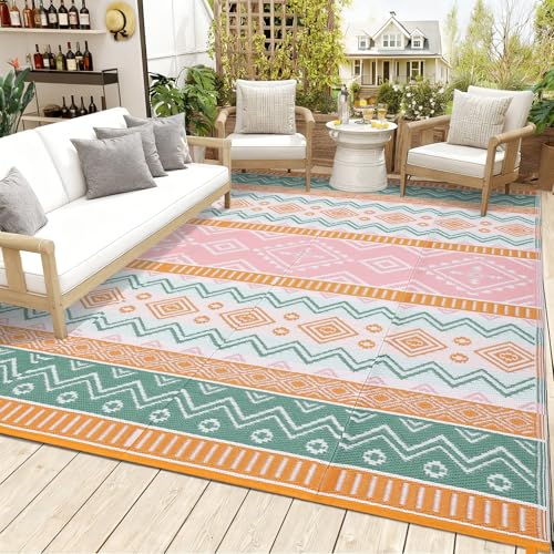 GarveeHome Waterproof Outdoor Rug 9x18, Modern Geometric Reversible Plastic Straw Patio Camping Rug, Outdoor RV Mat Carpet for Deck, Camper, Porch, Balcony, Backyard, Picnic, Yellow/Green/Gray/White - color: Yellow/Rose/Green/White, size: 9' x 18' (Rectan