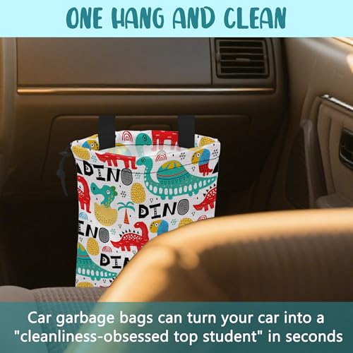Car Trash Bag Dinosaur with Abstrct Palms and Eggs Leak-Proof Waterproof Car Garbage Bag with Drawstring Foldable Canvas Trash Bin with Adjustable Buckle for Car Accessories, Travelling, Camping - color: Dinosaur with Abstrct Palms and Eggs