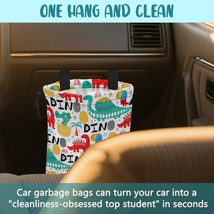 Car Trash Bag Dinosaur with Abstrct Palms and Eggs Leak-Proof Waterproof Car Garbage Bag with Drawstring Foldable Canvas Trash Bin with Adjustable Buckle for Car Accessories, Travelling, Camping - color: Dinosaur with Abstrct Palms and Eggs