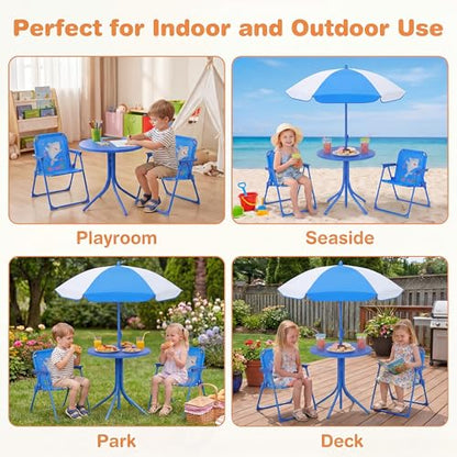 HONEY JOY Kids Picnic Table, Animal Themed Toddler Outdoor Table and Chair Set, 2 Folding Chairs & Removable Umbrella, Children Outdoor Furniture for Backyard Patio Garden (Blue Shark) - color: Blue Shark
