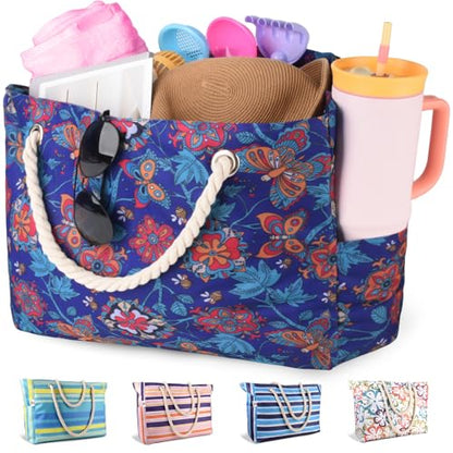CaCTOUR Large Beach Bag Women,Beach Bags Waterproof Sandproof with Zipper Wet Pocket,Beach Tote Pool Bag for Swim Gym Travel - color: Flower/Butterfly