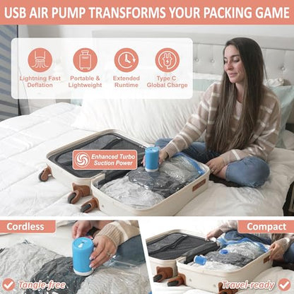 Cozy Essential Travel Vacuum Storage Bags with Rechargeable Cordless USB Pump for Luggage, Suitcase, Carry-on Size Vacuum Seal Compression Space Saver Bags for Clothes and Clothing, 16 Combo
