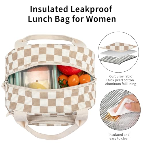 Lunch Bag Women Lunch Box for Women Adult Cute Insulated Lunch Bag Small Cooler Lunch Tote Bags for Work Picnic Travel (Beige-Brown Plaid) - color: Beige-Brown Plaid