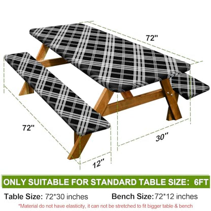 Picnic Table Cover with Bench Covers 6FT 3 Pcs Waterproof Windproof Aesthetic Camping Tablecloth with Drawstring Bag, Fitted for 6 Foot Rectangle Tables and Seats, 72 inch, Black Grey Checkered - color: Black Grey Checkered