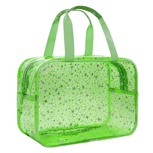 Large Clear Makeup Bag 12x5x8 Green Star Pattern - Waterproof PVC Travel Cosmetic Organizer with Handle, Durable Transparent Toiletry Case for Women Girls Travel Gym Beach Storage - color: Green, style: Star
