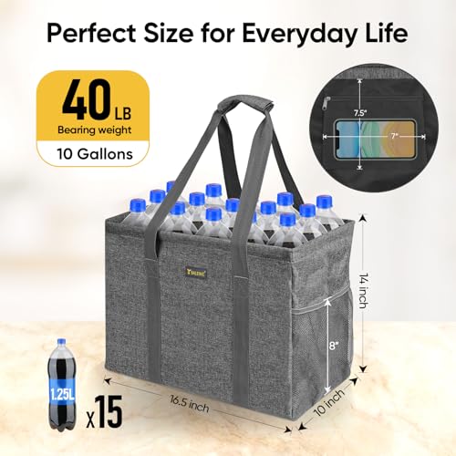 BALEINE Extra Large Utility Tote Bag with Reinforced Wire Frame, Reusable Grocery Bag for Shopping, Picnic (Grey, 16.5''x14''x10'') - color: Gray, size: 16.5''x14''x10''