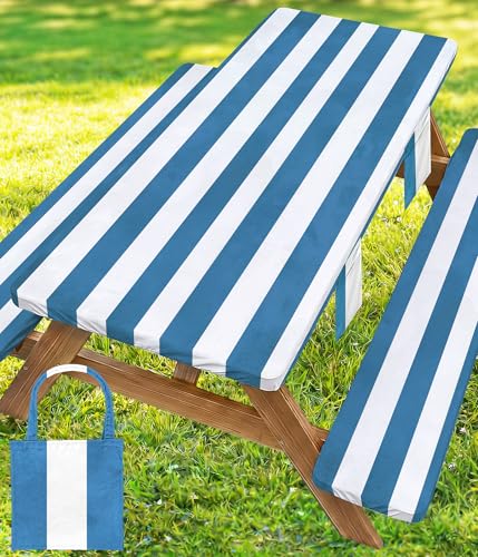 Picnic Table Cover with Bench Covers Tablecloth Fitted Table Cloth Camping Essentials Supplies Rv Travel Must Haves Gear Accessories Outdoor Road Trip Necessities Stuff Gadgets Camper Gadgets Items - color: Blue White Striped, size: 96in