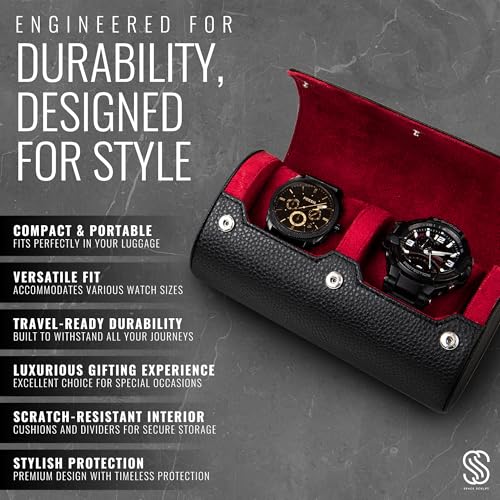 2 Watch Travel Case for Men – Leather Roll Organizer & Storage Box, Fits Watches up to 55mm | Removable Cushions | Gift Ready (Black/Wine) - color: Ink Black / Wine