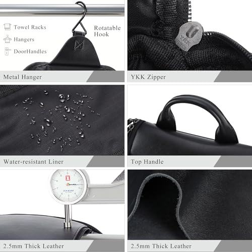 Masa Kawa Leather Hanging Travel Toiletry Bag for Men Portable Expandable Camping Cosmetics Makeup Toiletries Organizer Waterproof Bathroom Shaving Kit Black Wash Bags - color: Black