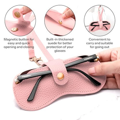 FEISEDY Soft Leather Sunglass Case-Slim Portable Glasses Holder with Button-Closure Wrist Strap for Travel & Outdoor B0308 - color: Pink
