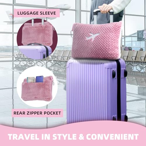 3 in 1 Travel Blanket Pillow Set - 350 GSM Thick Travel Blanket Airplane Compact with Bag, Soft Bag with a Pocket, Inflatable Travel Pillow for Camping & Car Trip (Blush Pink) - color: Blush Pink