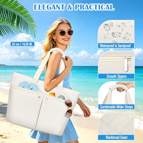 HUANLANG Large Beach Bags for Women Pool Bag with Zipper, Waterproof Sandproof Beach Tote Travel Bag with Wet Pocket - color: White