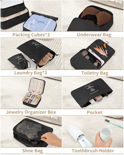 Packing Cubes 11 Set, Suitcase Organizers, Luggage Organizer Bags, with Toiletry Bag, Travel Essentials, Black - color: Black