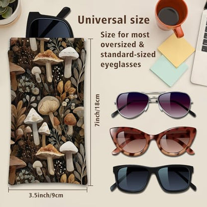 Eyeglasses Sunglasses Case PU Soft Squeeze Top Glasses Pouch for Women Student,Floral Pattern Portable Anti Scratch - color: Brown-mushroom04
