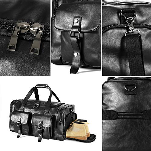 Zeroway Travel Duffel Bag with Shoe Pouch, PU leather Carry on Bag Weekender Overnight Bag for Men Women Black - color: Black