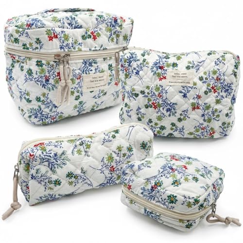 NATINSA Cute Makeup Bag for Women(2 Pcs), Travel Cosmetic Bags, Quilted Coquette Aesthetic Floral Toiletry Organizer Bag (48 - Red Green/4PCS) - color: 48 - Red Green/4PCS
