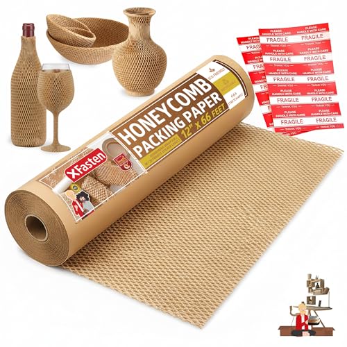 XFasten Honeycomb Packing Paper 12" x 66' Reusable Cushion Kraft Packing Paper for Moving, Alternative Bubble Packing Wrap for Breakable Dishes Packing Supplies for Moving with 20 Fragile Stickers - color: Brown, size: 12-Inch x 66-Feet