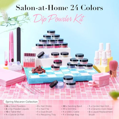AzureBeauty Dip Powder Nail Kit with Electric Nail Drill 24 Colors Spring Summer Macarons Purple Pink Nail Starter Kit with Dip Liquids Base Top Coat Activator Portable French Art Essential Easter Set - color: Macaron Pastel Pink Purple