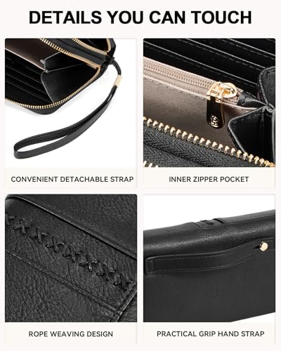 BOSTANTEN Wallets for Women Leather RFID Double Zipper Around Credit Card Holder Large Capacity Wristlet Clutch Wallet - color: Black