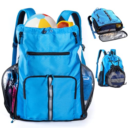 Large Beach Backpack Waterproof Sandproof - Customized Oversized Drawstring Pool Bag with Shoe Compartment for Toiletries, Towels, Gym, Travel - color: Blue