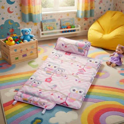 EVERYDAY KIDS Nap Mat with Removable Pillow - Carry Handle with Straps Closure, Rollup Design, Soft Microfiber for Preschool, Daycare, Travel Sleeping Bag - Sweet Owls - color: Sweet Owls