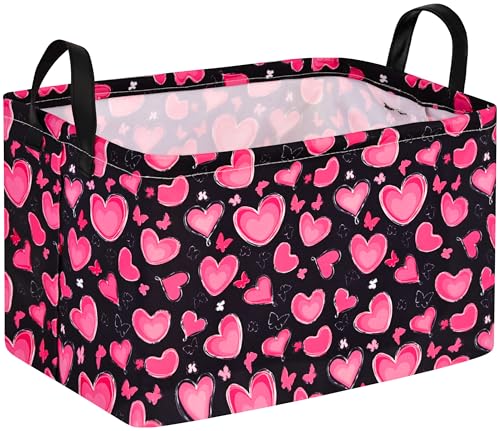 MAIZMZ Empty Gift Basket for Girls Heart Print Storage Cube for Women, Closet Shelf Waterproof Organizer Bins with Handles Nursery hamper Kids Toys Books Box Room Deco - color: Peach heart