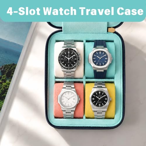 Leather Watch Roll for 4 Watches - Velvet-Lined Travel Case, Luxury Watch Rolls Organizer with Storage & Display for Men (4 Slot-Pool Party Blue) - color: 4 Slot-Pool Party Blue