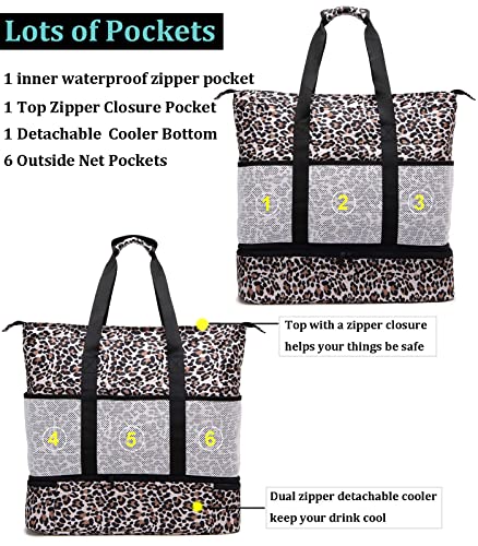 JIANYA Beach Bag Women Waterproof Sandproof Beach Tote Bags with Cooler Top Zipper Large Totes for Pool Travel Daily - color: *Leopard