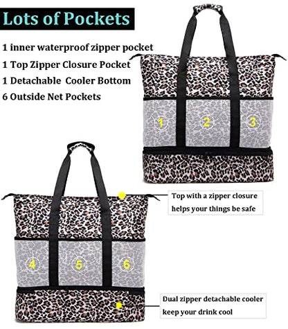 JIANYA Beach Bag Women Waterproof Sandproof Beach Tote Bags with Cooler Top Zipper Large Totes for Pool Travel Daily - color: *Leopard