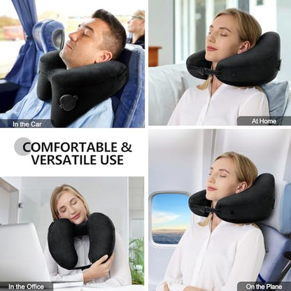 Sunany Travel Neck Pillow for Airplane Pillow Comfortably Supports Head, Neck and Chin, Inflatable Travel Pillow with Soft Velour Cover and Portable Drawstring Bag (Black) (Black, H)