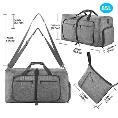 Vomgomfom 65L/85L/115L Foldable Travel Duffle Bag, Lightweight Checked Luggage with Shoe Compartment, Water-Resistant Weekender Overnight Bag for Men & Women - color: A Gray, size: 65L