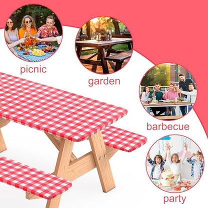 3 Pcs Set Fitted Picnic Table Cover with Bench Covers Vinyl Camping Table Cloth Flannel Backing for 6ft Tables Camping Outdoor (Red Checked, 30 x 72 Inches) - color: Red and White Plaid