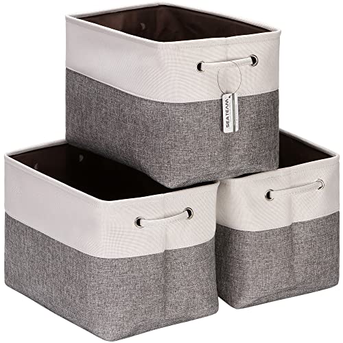 Sea Team 3-Pack Large Storage Basket Set, Trunk Organizer, Clothes Toys Bin, 15 x 10 x 10 Inches, Big Rectangular Canvas Fabric Collapsible Shelf Box with Handles for Kids Room (Grey/White) - color: Grey/White, size: Medium/15 x 10 x 10"
