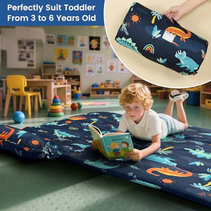 PHF Soft Toddler Nap Mat with Removable Pillow, Rollup Design Kids Sleeping Mat, Slumber Bags for Boys, 55"x23" Toddler Sleeping Bag for Daycare Preschool Travel Camping, Large Navy Dinosaur - color: Large Navy Dinosaur