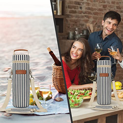 opux Wine Bag Single Bottle Carrier Tote, Insulated Wine Cooler Bag for Travel Picnic Beach with Shoulder Strap, Thermal One Bottle Holder Carrying Case Gift for Women Men, Navy White Stripes - color: Navy Stripes