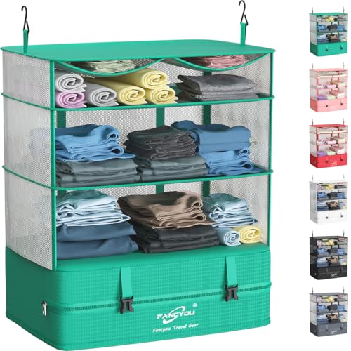 Compressible Packing Cubes Portable Hanging Closet Shelves 17"x12"x24" Extendable Travel Organizer Nylon Packing Bags for Suitcase - color: Green